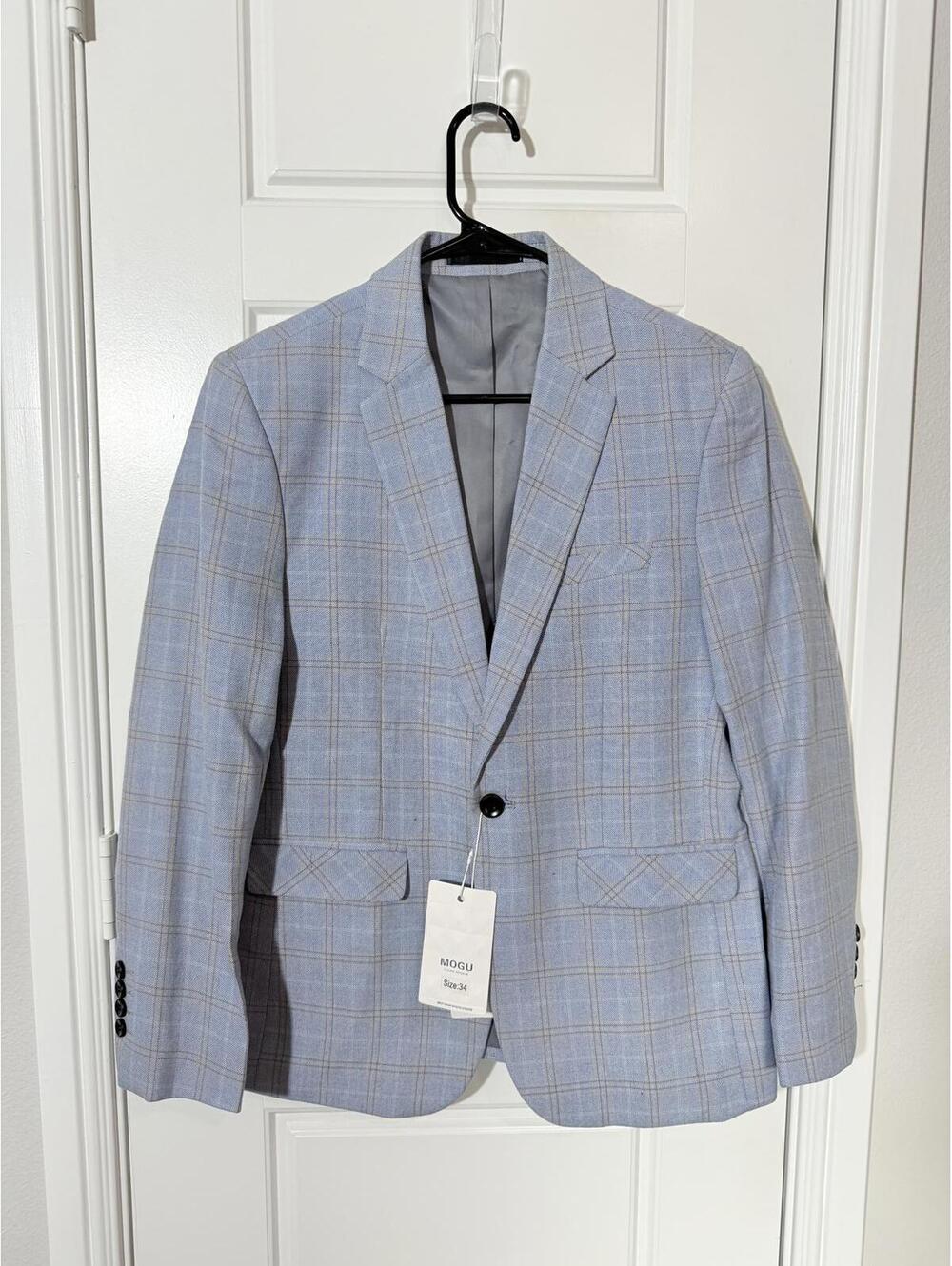 MOGU Suits Jacket for Men Size XS Light Blue Plaid Blazer M507